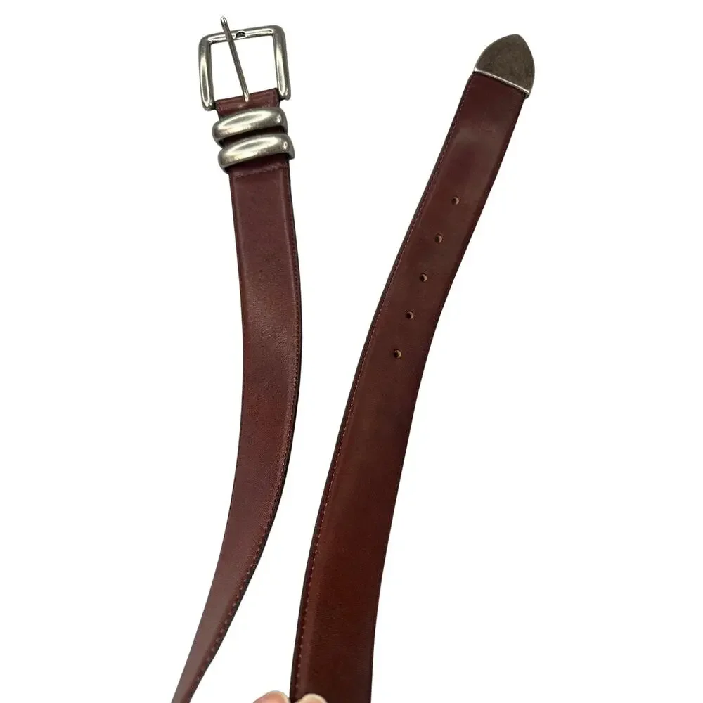 Leather Belt Silver Buckle Western Strap Brown Vintage